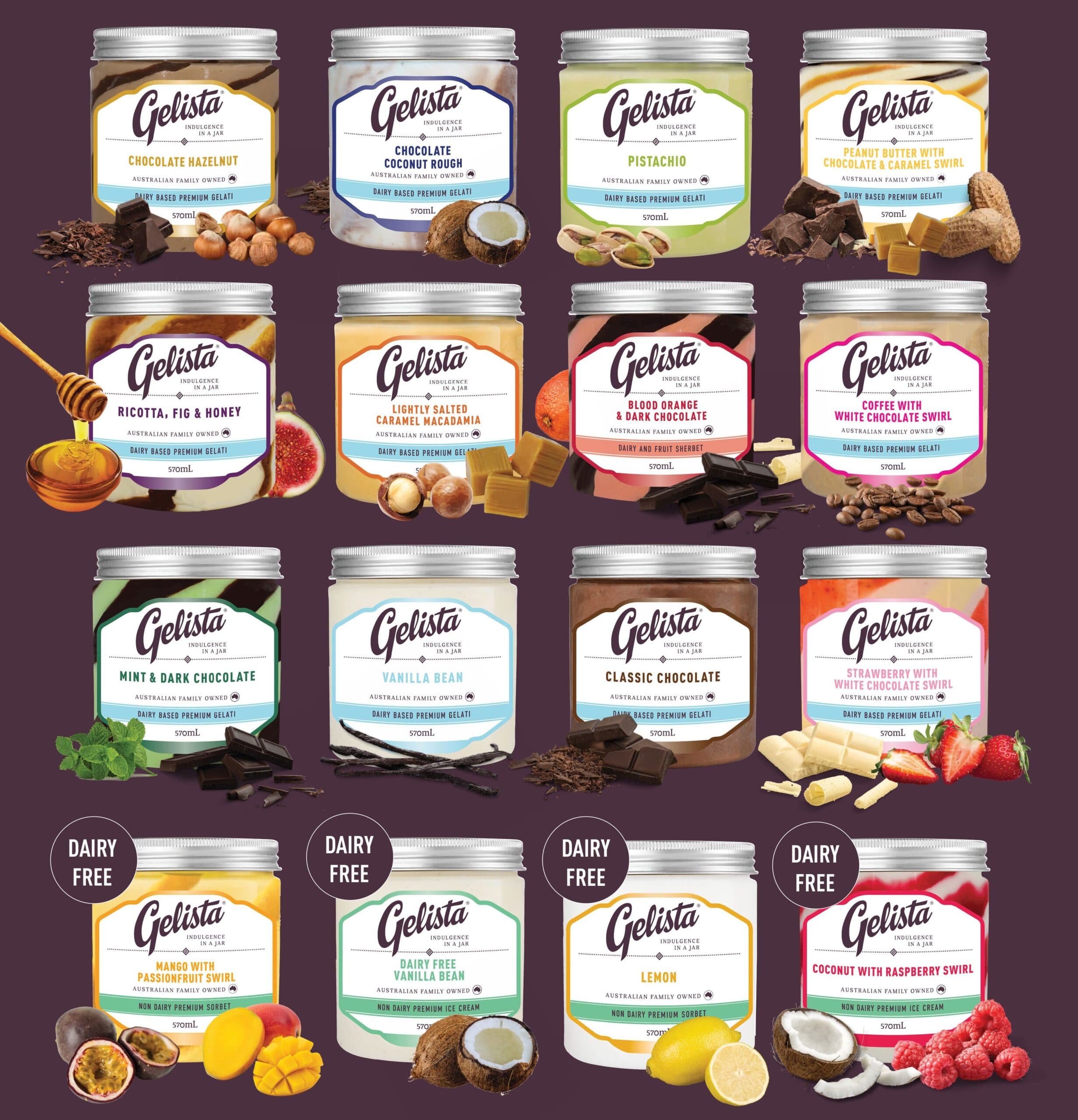 The Gelista range of dairy and dairy-free gelato jars